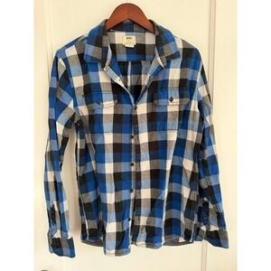 Vans Button Down Men Large Blue Black White Plaid Herringbone Long Sleeve Shirt